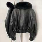 OFTBUY Women's Faux Leather Bomber Jacket with Real Fox Fur Collar PU Leather Cropped Aviator Coat Female New Winter Outerwear