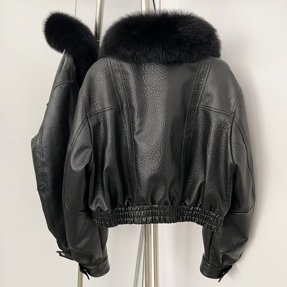 OFTBUY Women's Faux Leather Bomber Jacket with Real Fox Fur Collar PU Leather Cropped Aviator Coat Female New Winter Outerwear