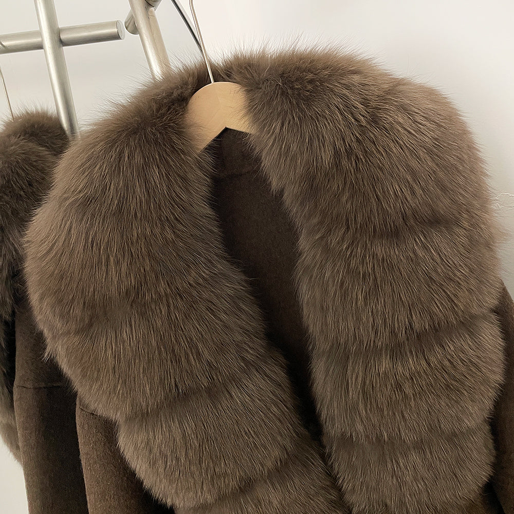OFTBUY Big Real Fox Fur Pinnacle Woolen Coat Female New Autumn Winter Top Clothes Warm Natural Fox Fur Collar Wool Jacket Women