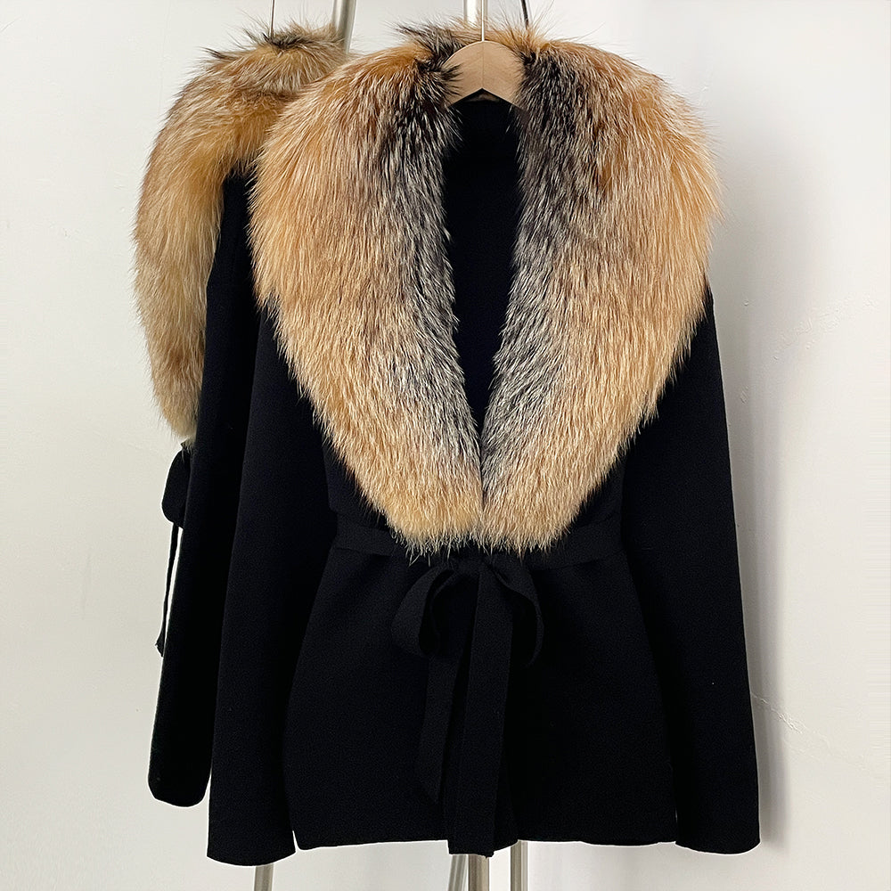 OFTBUY New Autumn Winter Luxury Fashion Outerwear Lady Women's Knit Coat with Large Real Fox Fur Collar Belt Textured Knit Warm