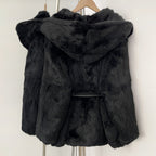 OFTBUY Women's Luxury Black Real Rabbit Fur Hooded Coat with Belt New Warm Winter Fur Jacket Female Outerwear for Cold Weather