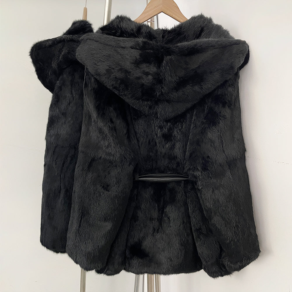 OFTBUY Women's Luxury Black Real Rabbit Fur Hooded Coat with Belt New Warm Winter Fur Jacket Female Outerwear for Cold Weather