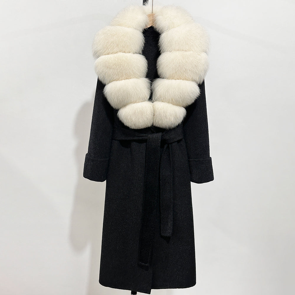 OFTBUY Long Belt 100% Wool Coat with Real Fox Fur Collar Warm Natural Fur Woolen Jacket Female New Autumn Winter Clothing Women