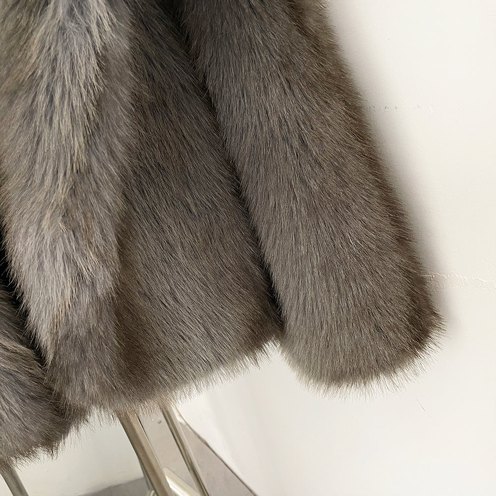 OFTBUY Luxury Hooded Faux Fur Jacket - Premium Vegan Silver Fox Style Cropped Winter Coat