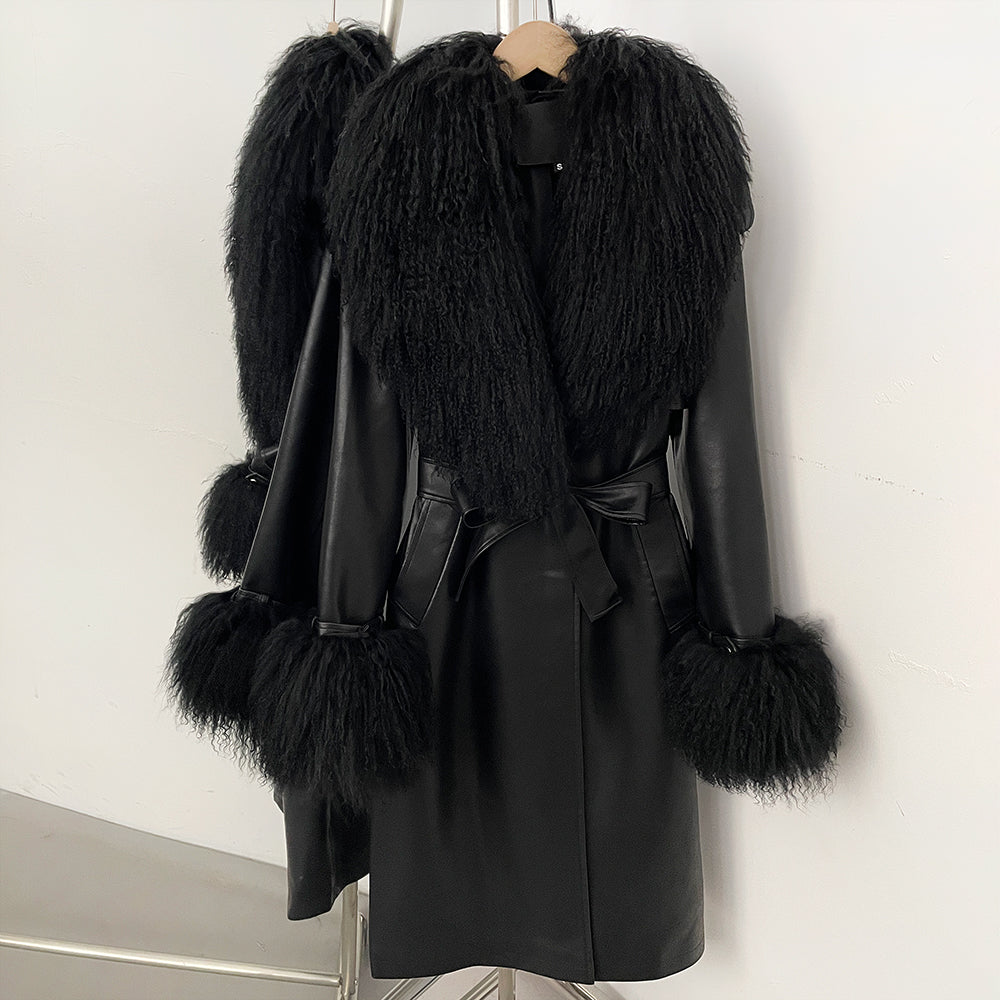 OFTBUY New Autumn Winter Clothes Women Luxury Real Mongolia Sheep Fur Jacket Femlae Long Vintage Faux Leather Streetwear Coat