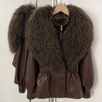 OFTBUY New Spring Autumn Faux Leather Jacket Female Real Mongolia Sheep Fur Pu Leather Coat Women Luxury Fashion Streetwear