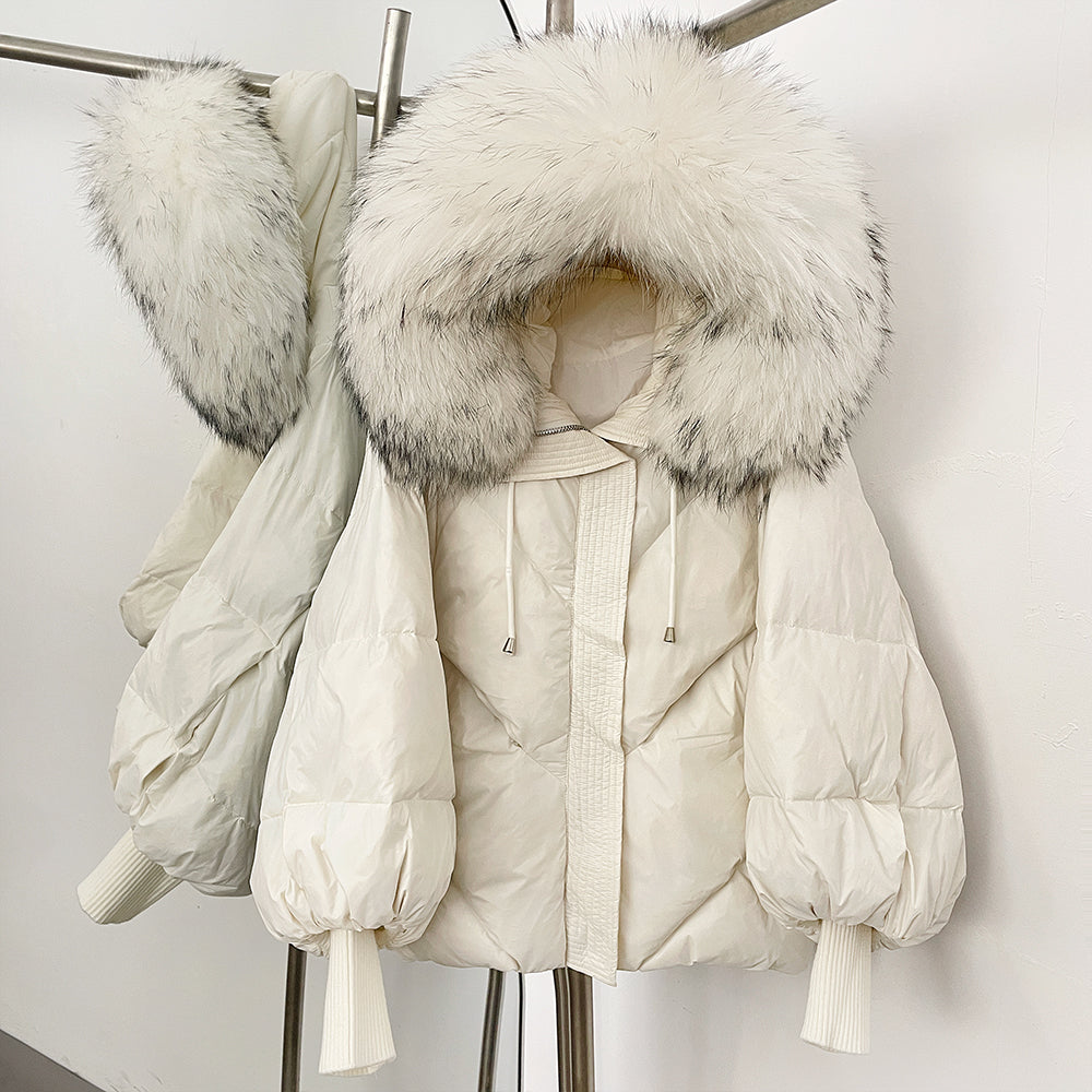 OFTBUY Thicken Warm Knitted Sleeve Coat New Winter Large Real Fur Hooded Puffer Jacket Women White Duck Down Mid Long Parka