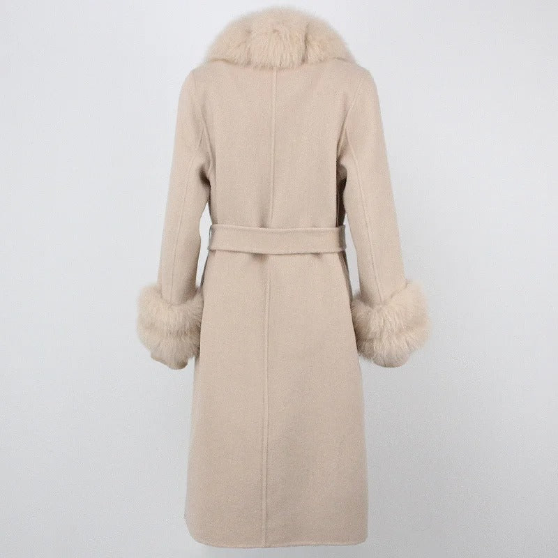 OFTBUY Winter Jacket Women Long Natural Wool Blends Cashmere Real Fur Coat Double Breasted Belt Warm Streetwear New Fashion