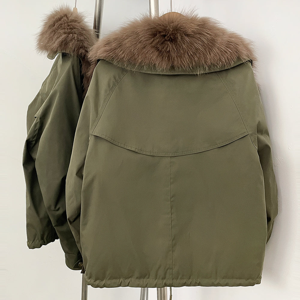 OFTBUY Luxury Wide Real Fox Fur Collar 90% Duck Down Short Parka Jacket - Cargo Pocket Windproof Down Coat