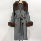 OFTBUY Fashion Warm Wool Coat with Real Fox Fur Collar New Autumn Winter Long Clothing Women Belt Elegant Woolen Jcacket Female
