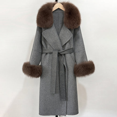 OFTBUY Fashion Warm Wool Coat with Real Fox Fur Collar New Autumn Winter Long Clothing Women Belt Elegant Woolen Jcacket Female