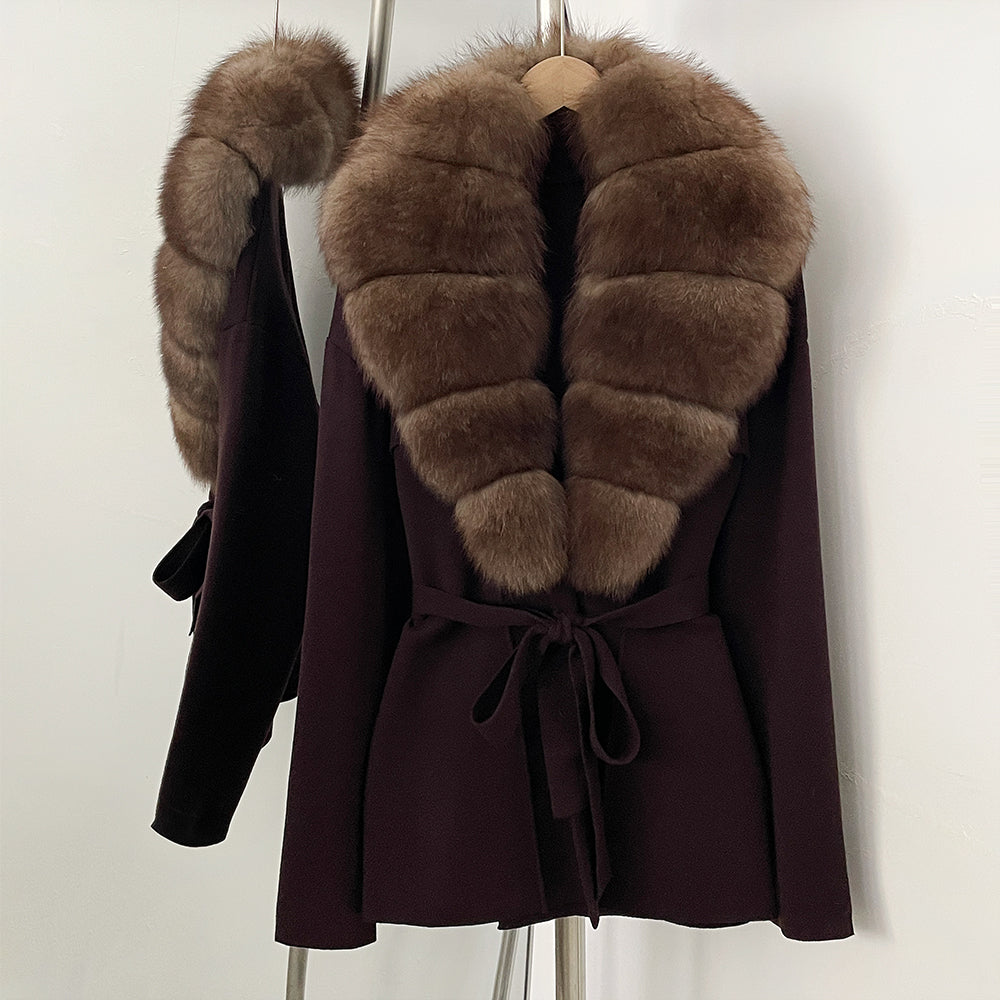 OFTBUY New Autumn Winter Luxury Fashion Outerwear Lady Women's Knit Coat with Large Real Fox Fur Collar Belt Textured Knit Warm