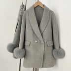 OFTBUY New Women's Wool Coat with Real Fox Fur Cuffs Double Breasted Diamond Button Lapel Winter Elegant Outerwear Female