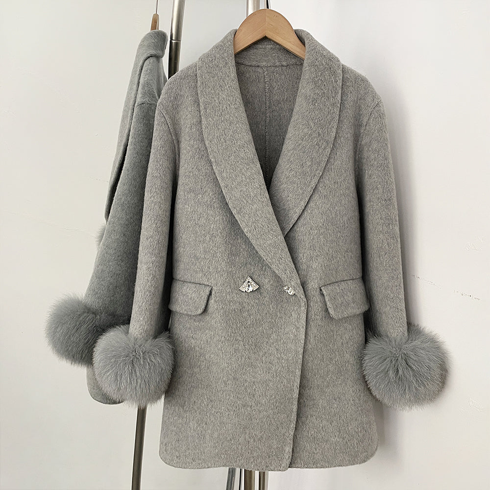 OFTBUY New Women's Wool Coat with Real Fox Fur Cuffs Double Breasted Diamond Button Lapel Winter Elegant Outerwear Female