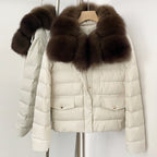 OFTBUY Real Fox Fur Collar Drawstring Waist Duck Down Puffer Coat New Women's Short Down Jacket Winter Luxury Outerwear