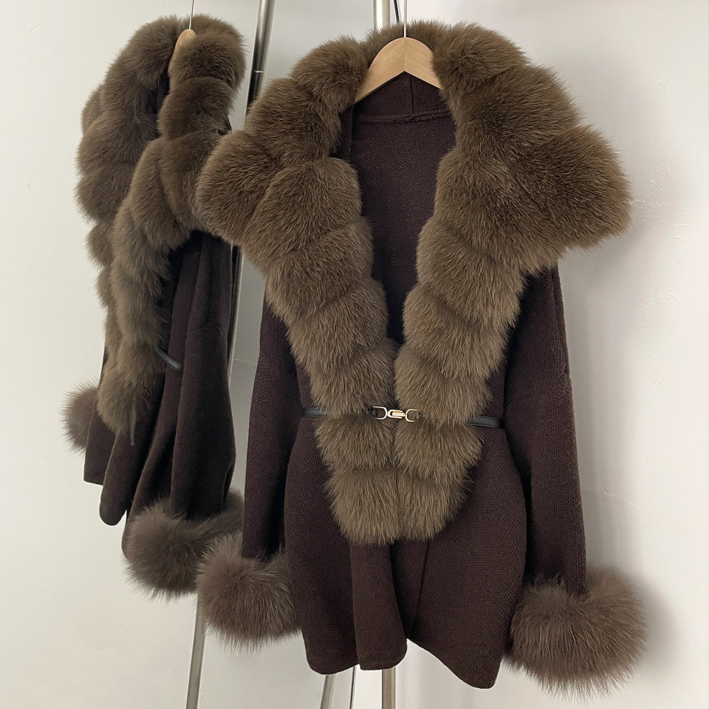 OFTBUY Belt Loose Fit Warm Winter Fashion Outerwear Natural Fur Sweater Female New Women's Knit Coat with Large Real Fox Fur