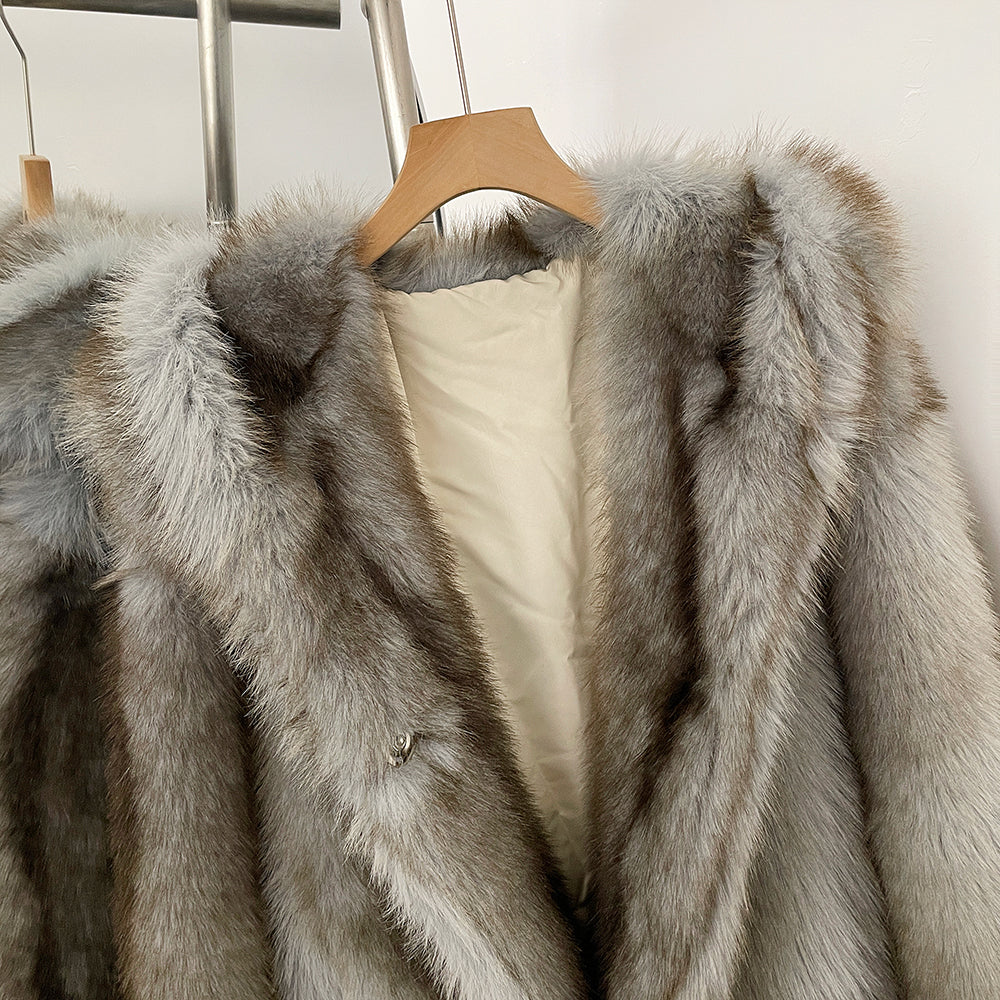 OFTBUY Luxury Hooded Faux Fur Jacket - Premium Vegan Silver Fox Style Cropped Winter Coat
