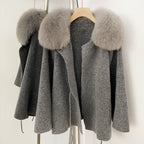 OFTBUY Women's Real Fox Raccoon Fur Collar Knit Wrap Coat Drawstring Waist Autumn Winter Cardigan Jacket Female Luxury Outerwear
