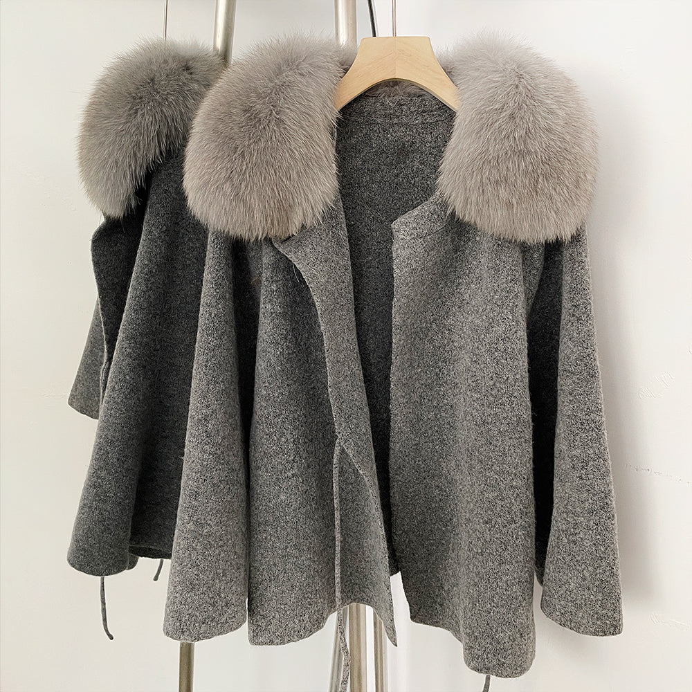 OFTBUY Women's Real Fox Raccoon Fur Collar Knit Wrap Coat Drawstring Waist Autumn Winter Cardigan Jacket Female Luxury Outerwear