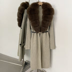OFTBUY Warm Winter Elegant Fashion knit Outerwear female New Women's Knit Long Coat with Large Real Fox Fur Collar Belted Waist