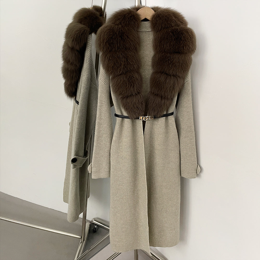 OFTBUY Warm Winter Elegant Fashion knit Outerwear female New Women's Knit Long Coat with Large Real Fox Fur Collar Belted Waist