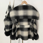 OFTBUY New Women's Double Face Wool Coat Plaid Pattern Real Fox Fur Cuffs Wide Collar Belted Waist Warm Winter Elegant Outerwear
