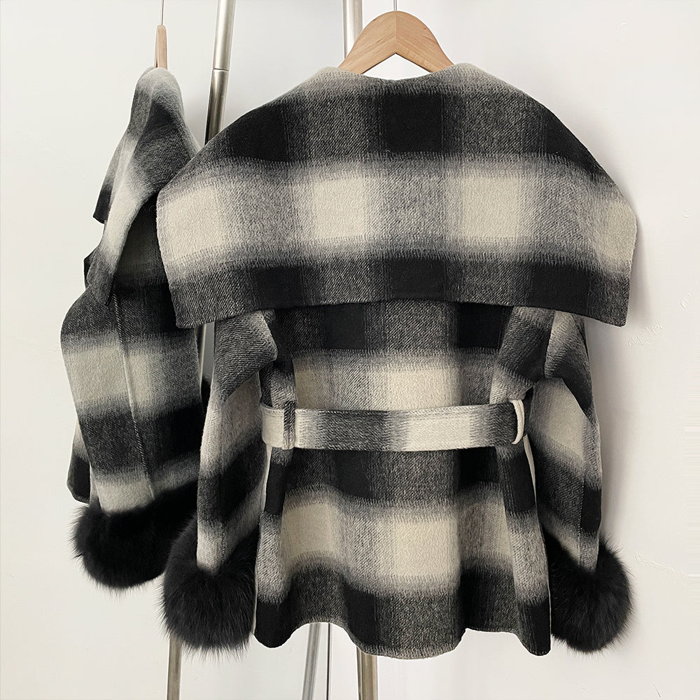 OFTBUY New Women's Double Face Wool Coat Plaid Pattern Real Fox Fur Cuffs Wide Collar Belted Waist Warm Winter Elegant Outerwear