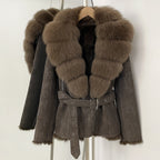 OFTBUY New Women's Suede Jacket with Real Fox Fur Collar Real Rabbit Fur Lining Coat Female Belted Warm Winter Luxury Outerwear