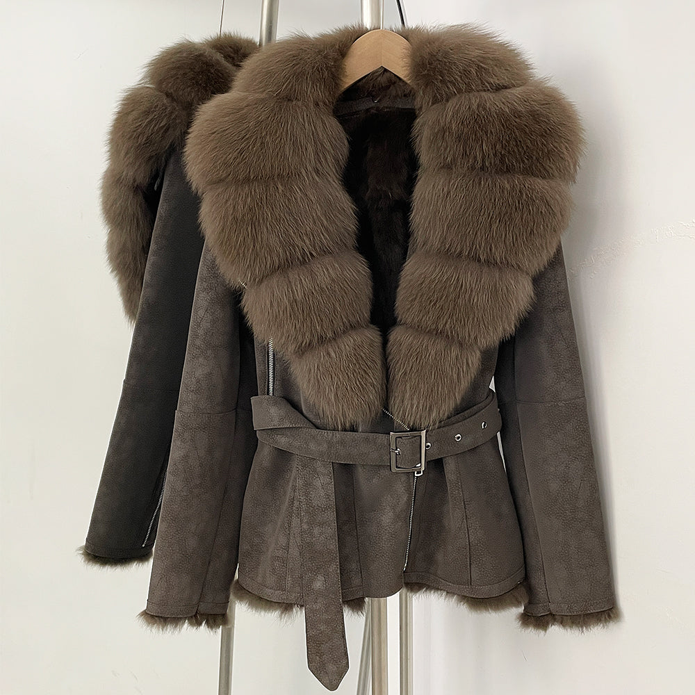 OFTBUY New Women's Suede Jacket with Real Fox Fur Collar Real Rabbit Fur Lining Coat Female Belted Warm Winter Luxury Outerwear
