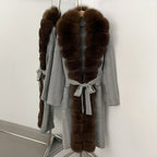 OFTBUY 2025 New Women's Knit Coat with Full Real Fox Fur Trim Belted Warm Winter Elegant Fashion Outerwear Female Long Sweater