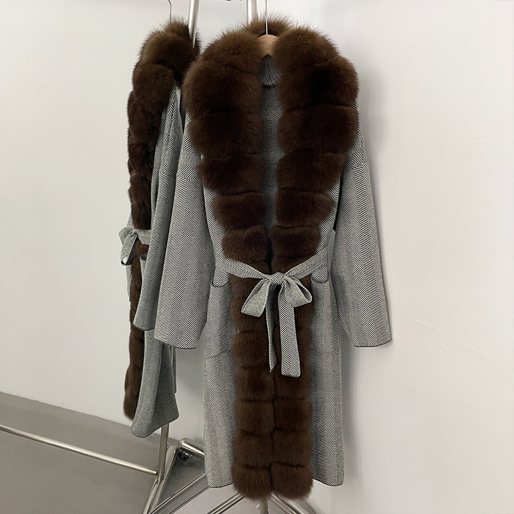 OFTBUY 2025 New Women's Knit Coat with Full Real Fox Fur Trim Belted Warm Winter Elegant Fashion Outerwear Female Long Sweater