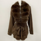 OFTBUY Trim Belted Waist Warm Winter Luxury Fashion Outerwear Sweater Female New Women's Knit Cardigan with Large Real Fox Fur