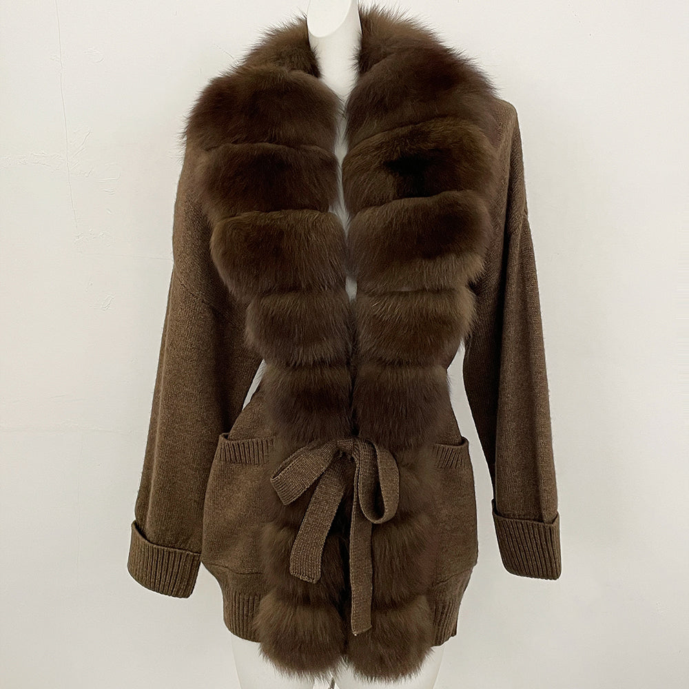 OFTBUY Trim Belted Waist Warm Winter Luxury Fashion Outerwear Sweater Female New Women's Knit Cardigan with Large Real Fox Fur
