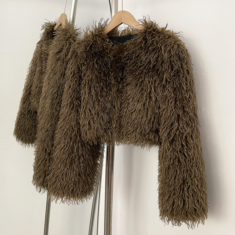 OFTBUY Faux Fur Coat for Women Fur Fluffy Autumn Short Fur Coat Eco-friendly Warm Female New Winter Jacket Long Sleeves O-neck