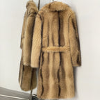 OFTBUY Luxury Long-Length Belted Faux Fur Coat - Premium Vegan Silver Fox Style Overcoat with Oversized Lapel