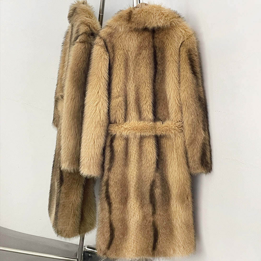 OFTBUY Luxury Long-Length Belted Faux Fur Coat - Premium Vegan Silver Fox Style Overcoat with Oversized Lapel