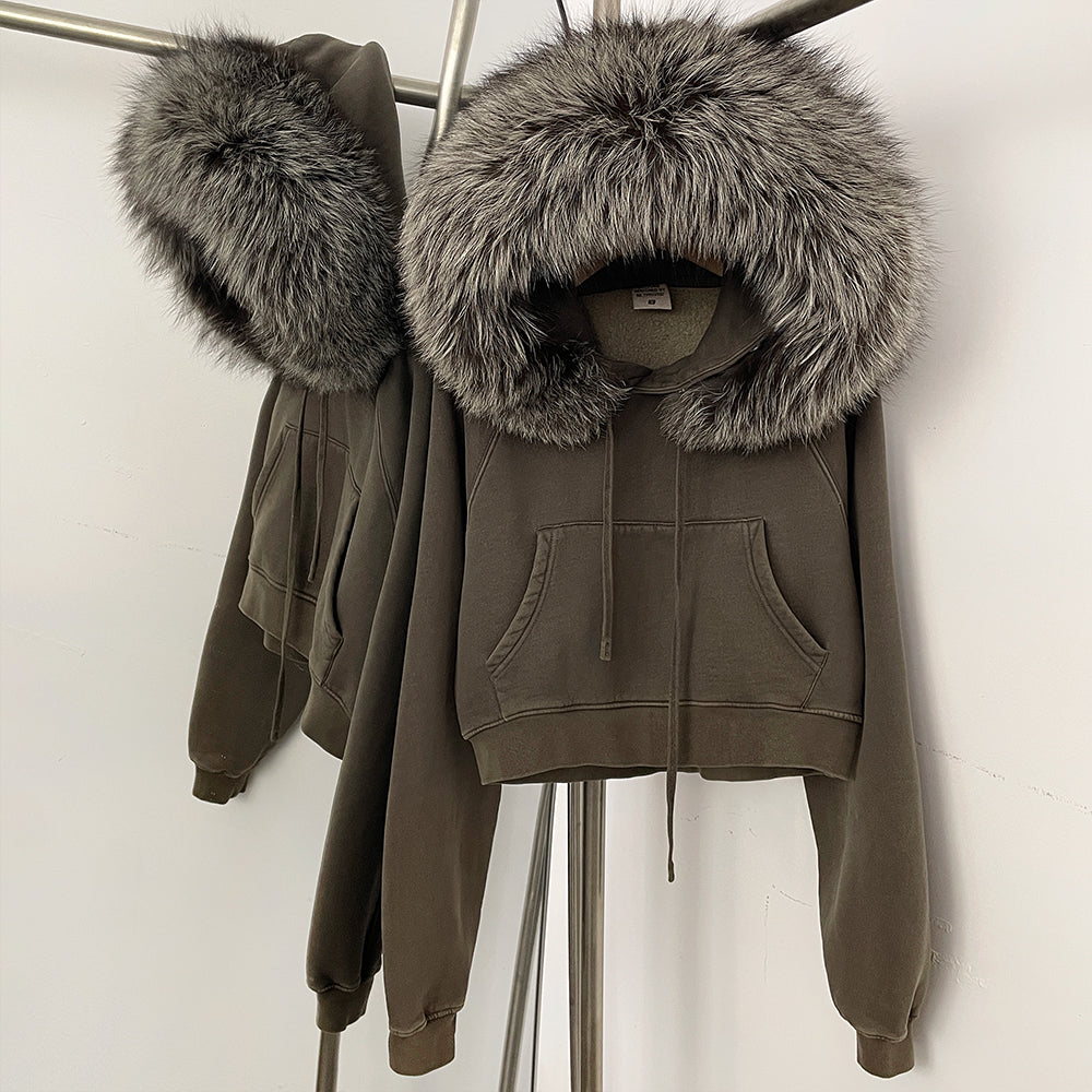 OFTBUY Casual Y2K Hoodie Real Fox Fur Collar Thickened Streetwear Hiphop Hoodie Sweatshirt Vintage Rock Goth Loose Punk Jacket
