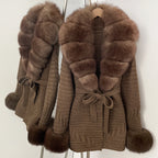 OFTBUY Belted Waist Striped Texture Pockets New Women's Knit Coat with Large Real Fox Fur Collar Winter Luxury Elegant Outerwear