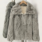 Light gray plush genuine rabbit fur short jacket with metal zipper closure