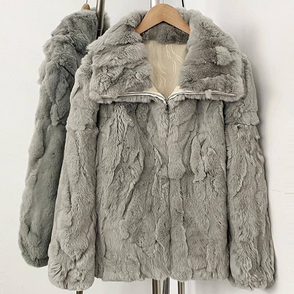 Light gray plush genuine rabbit fur short jacket with metal zipper closure