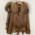 OFTBUY Women's Real Fox Raccoon Fur Collar Faux Leather Trench Coat Double Breasted PU Jacket with Belt Luxury Winter Outerwear