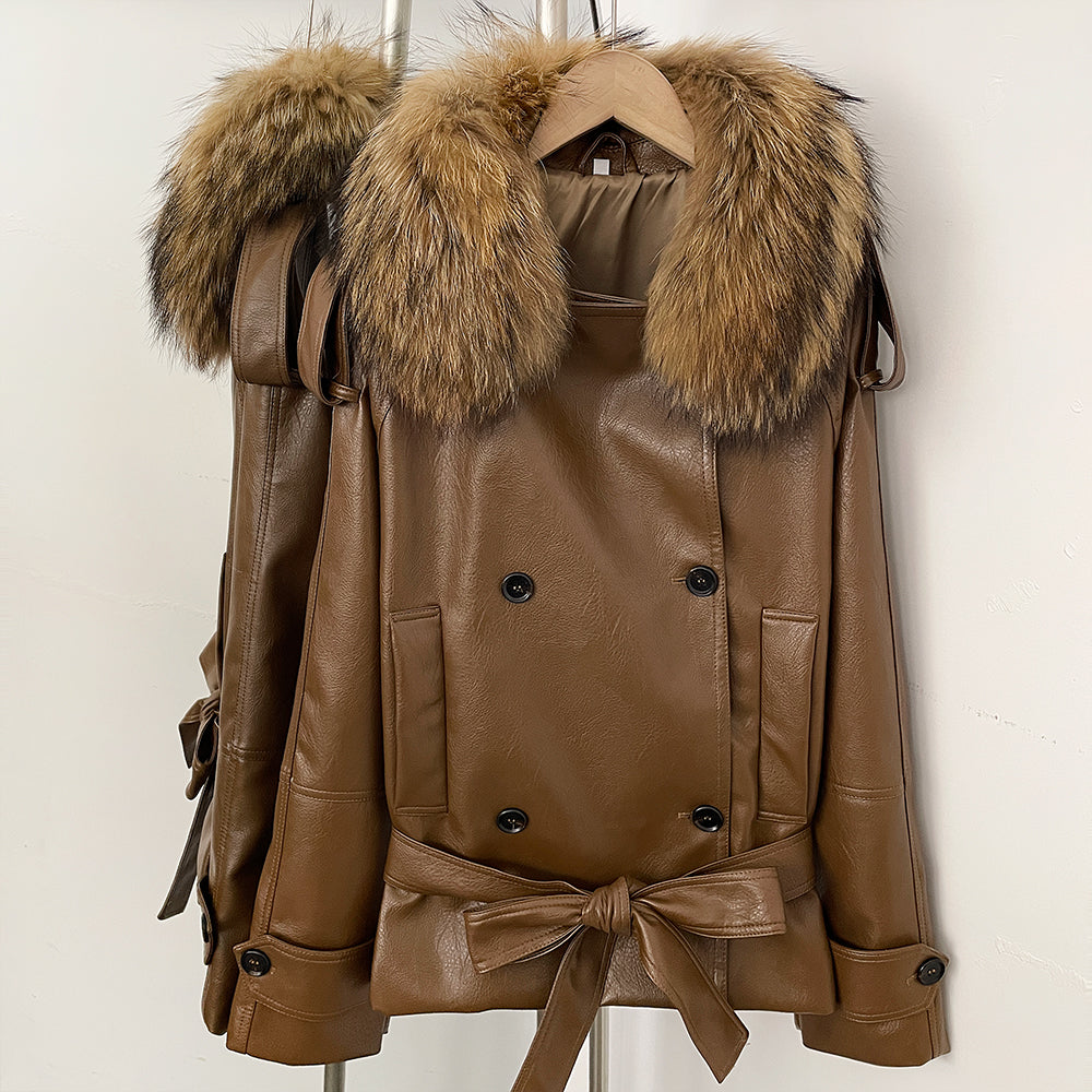 OFTBUY Women's Real Fox Raccoon Fur Collar Faux Leather Trench Coat Double Breasted PU Jacket with Belt Luxury Winter Outerwear