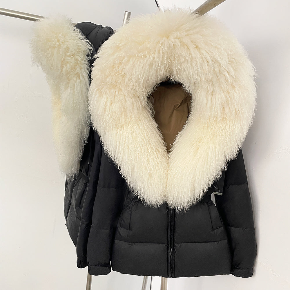 OFTBUY New Belted Luxury Warm Winter Women's Puffer Jacket with Real Mongolia Sheep Fur Collar Outerwear Duck Dowm Coat Female