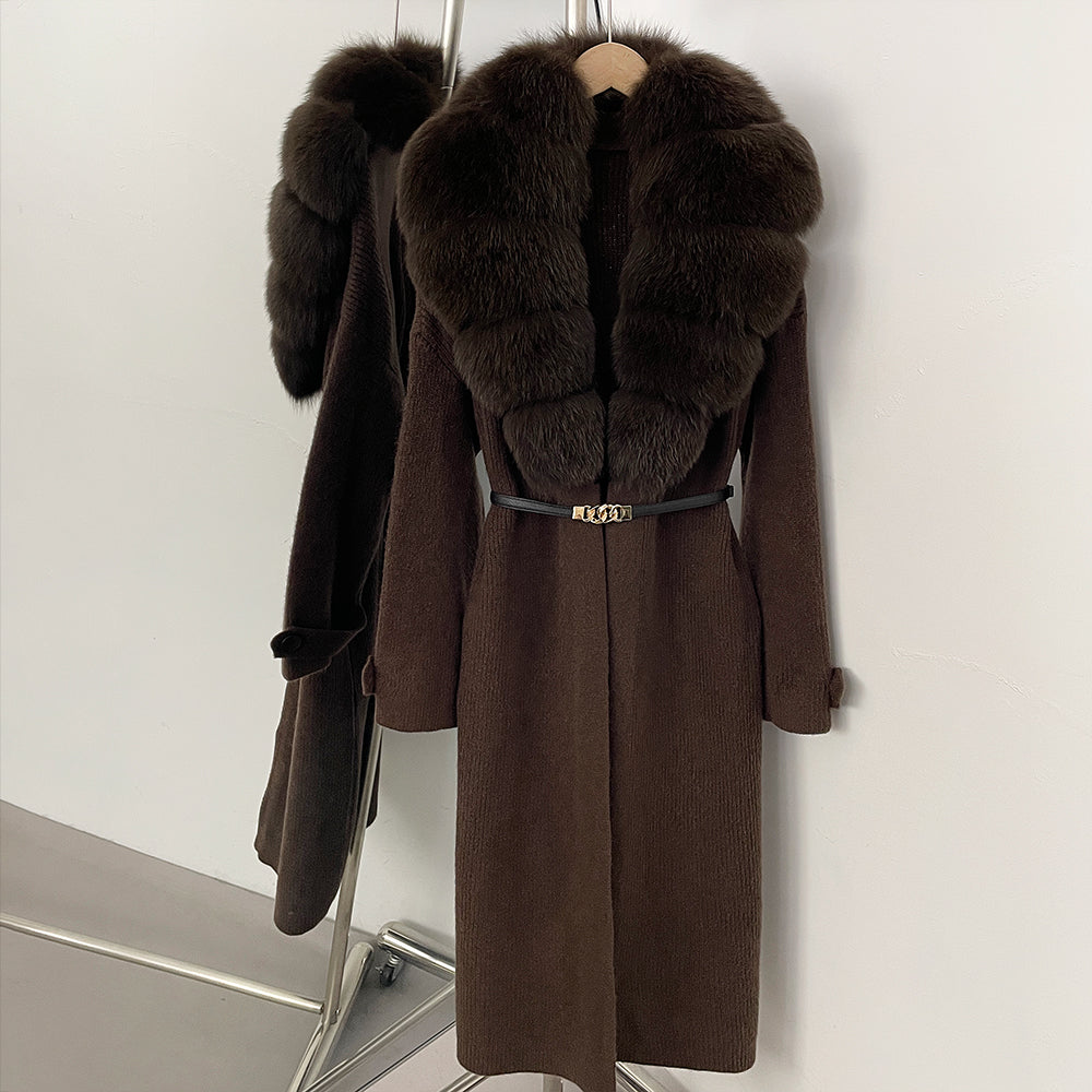 OFTBUY Warm Winter Elegant Fashion knit Outerwear female New Women's Knit Long Coat with Large Real Fox Fur Collar Belted Waist