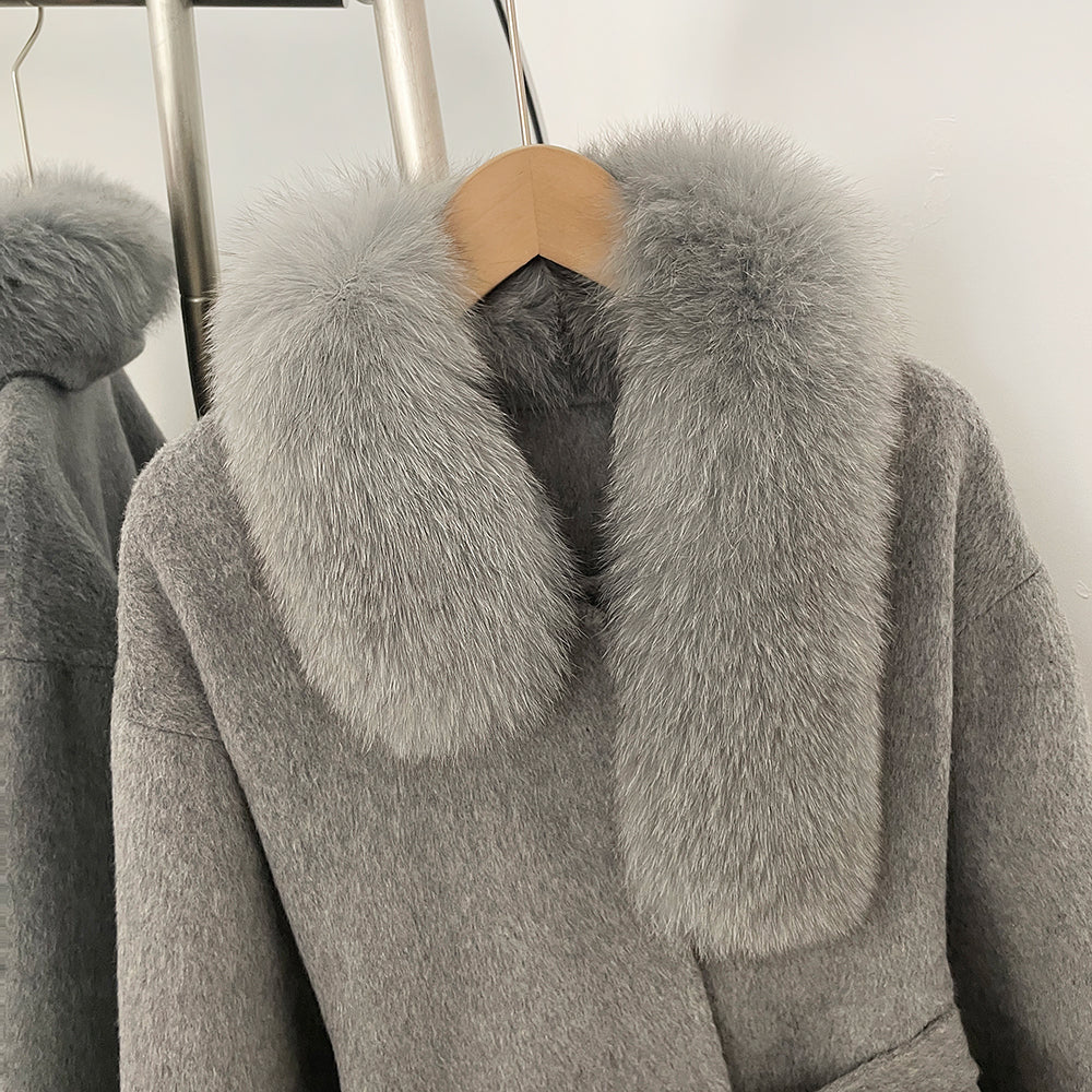 OFTBUY New Women's Wool Coat with Real Fox Fur Collar Cuffs Belted Bow Pockets Warm Winter Elegant Fashion Outerwear Female