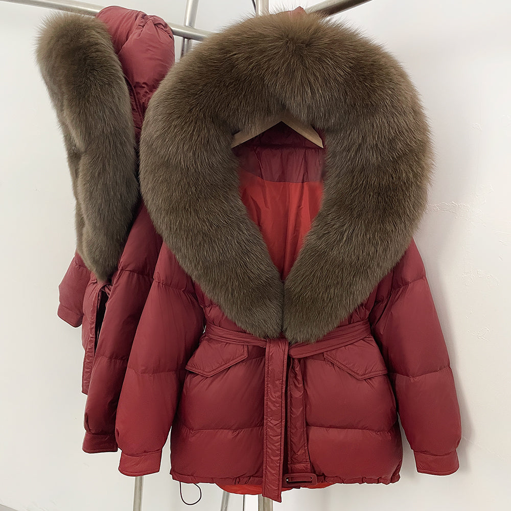 OFTBUY Thick Warm Mid-Long Puffer Coat Real Fox Fur Collar White Duck Down Coat Female Loose Warm Hooded Parkas With Belt