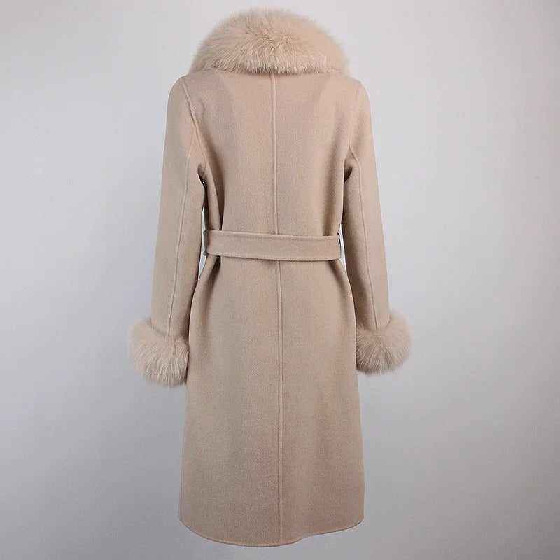 OFTBUY Winter Jacket Women Long Natural Wool Blends Cashmere Real Fur Coat Double Breasted Belt Warm Streetwear New Fashion