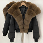 OFTBUY New Winter Real Fox Fur Hooded 90% White Duck Down Jacket Women Short Loose Puffer Coat Female Thicken Parkas