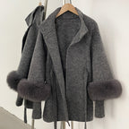 OFTBUY High Collar Belt Real Fox Fur Wool Coat Female New Autumn Winter Knitted Sleeves Woolen Clothes Women Alpaca Loose Jacket