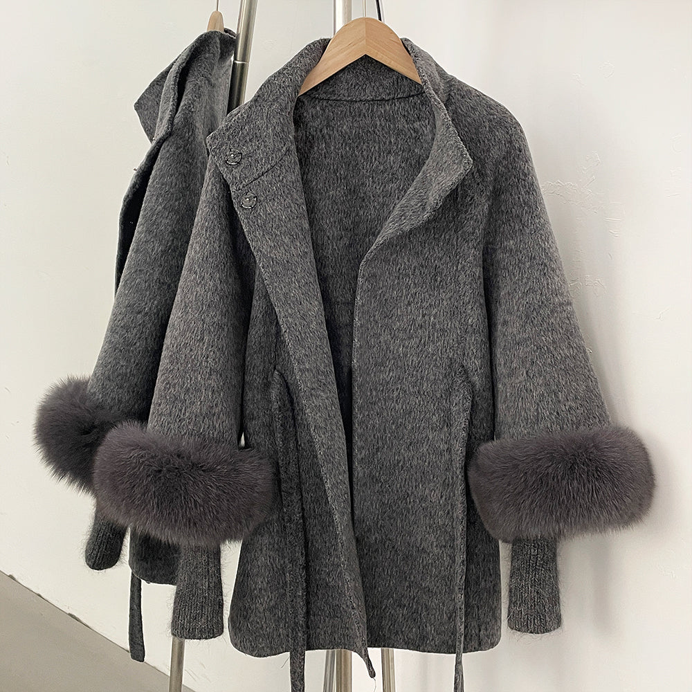 OFTBUY High Collar Belt Real Fox Fur Wool Coat Female New Autumn Winter Knitted Sleeves Woolen Clothes Women Alpaca Loose Jacket